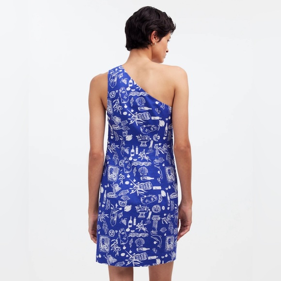 MADEWELL x Lisa Says Gah! One Shoulder Mini Dress Size 12 Linen Blue Greek Beach - Picture 2 of 12